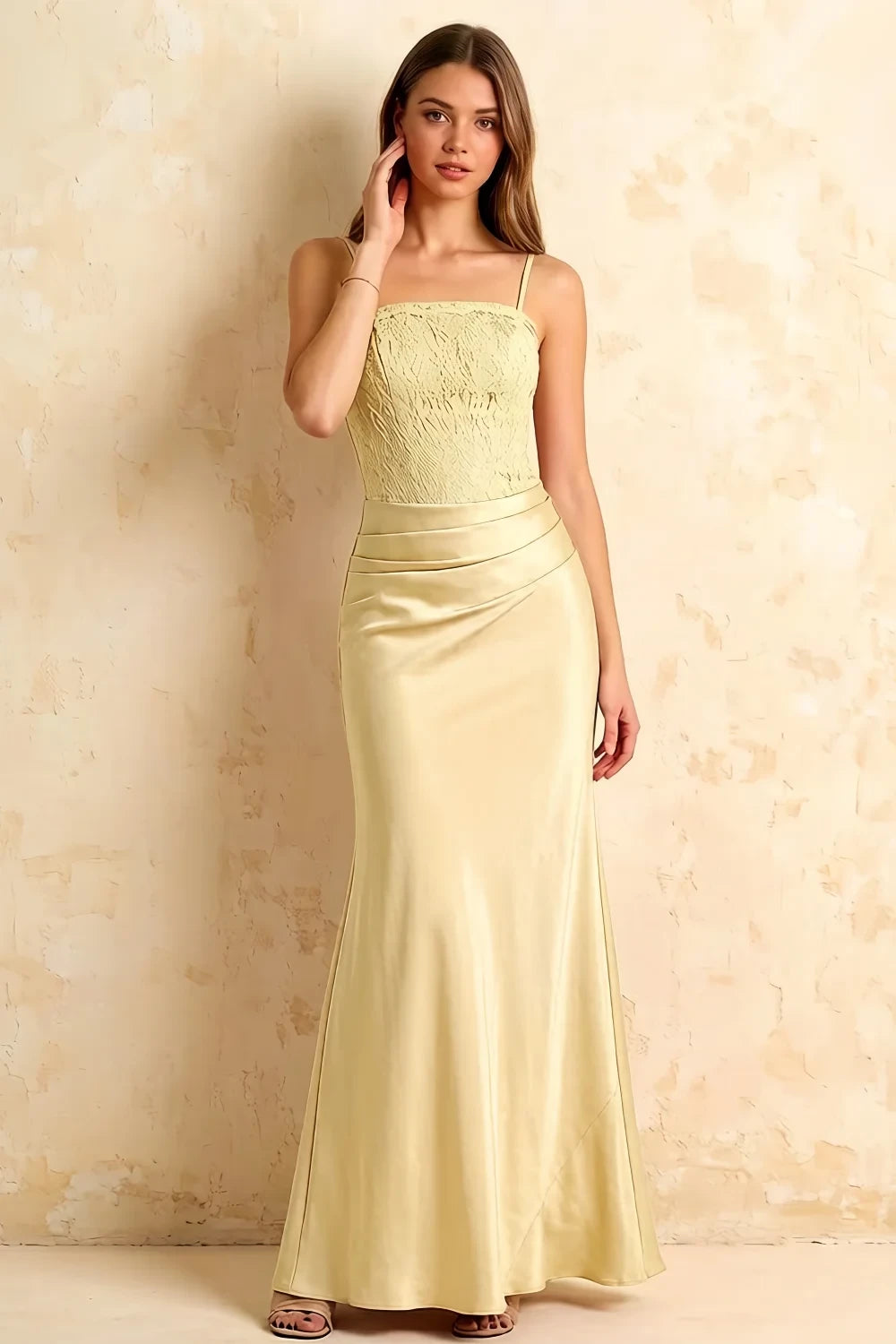 Jenny Light Yellow Lace Sheath Backless Maxi Dress
