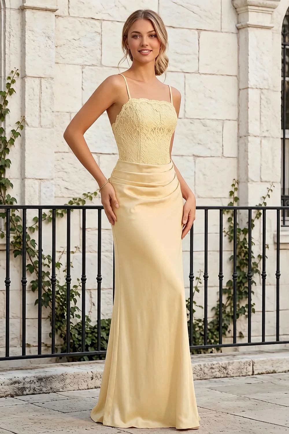 Jenny Light Yellow Lace Sheath Backless Maxi Dress