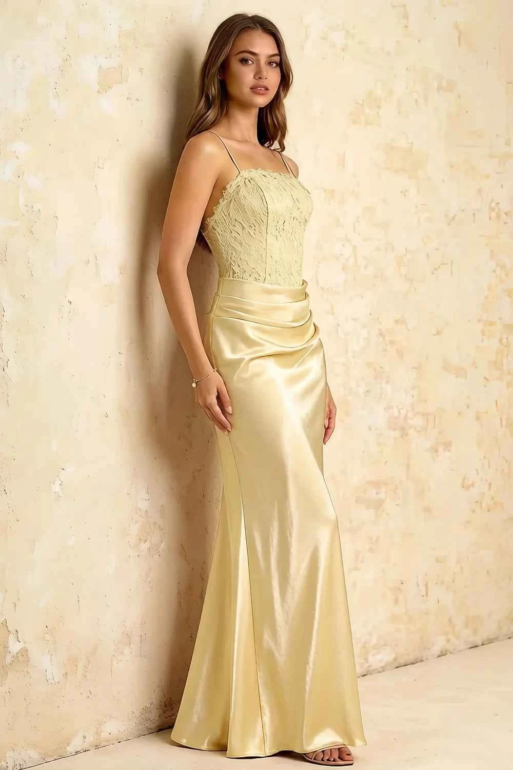 Jenny Light Yellow Lace Sheath Backless Maxi Dress