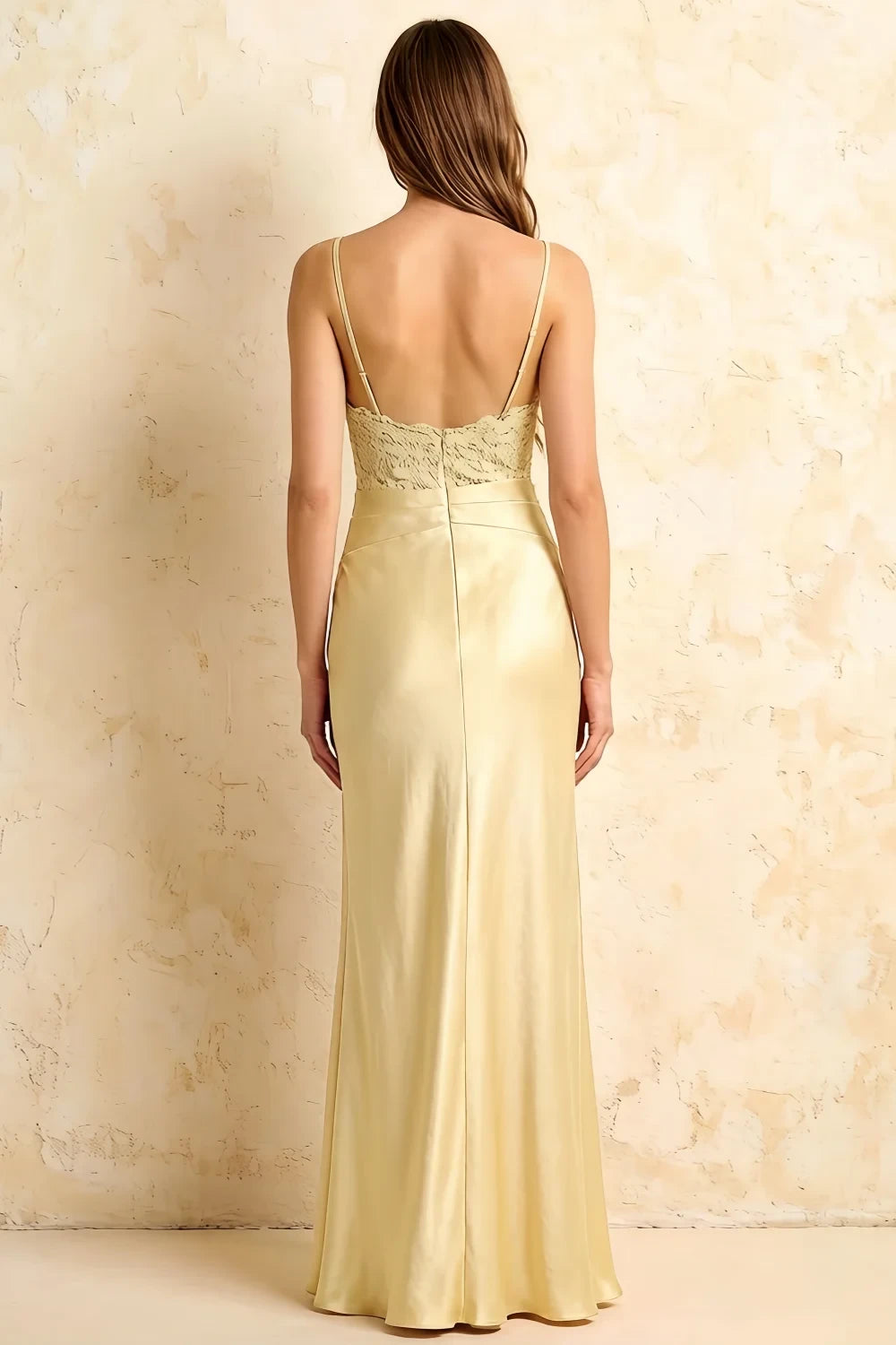 Jenny Light Yellow Lace Sheath Backless Maxi Dress