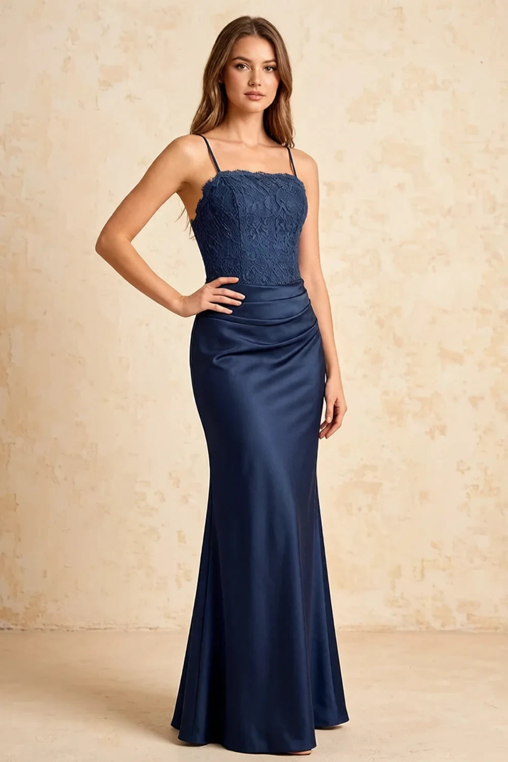 Jenny Navy Blue Lace Sheath Backless Maxi Dress