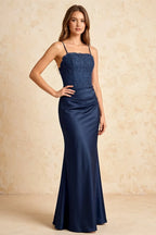 Jenny Navy Blue Lace Sheath Backless Maxi Dress