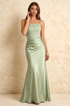 Jenny Sage Green Lace Sheath Backless Maxi Dress