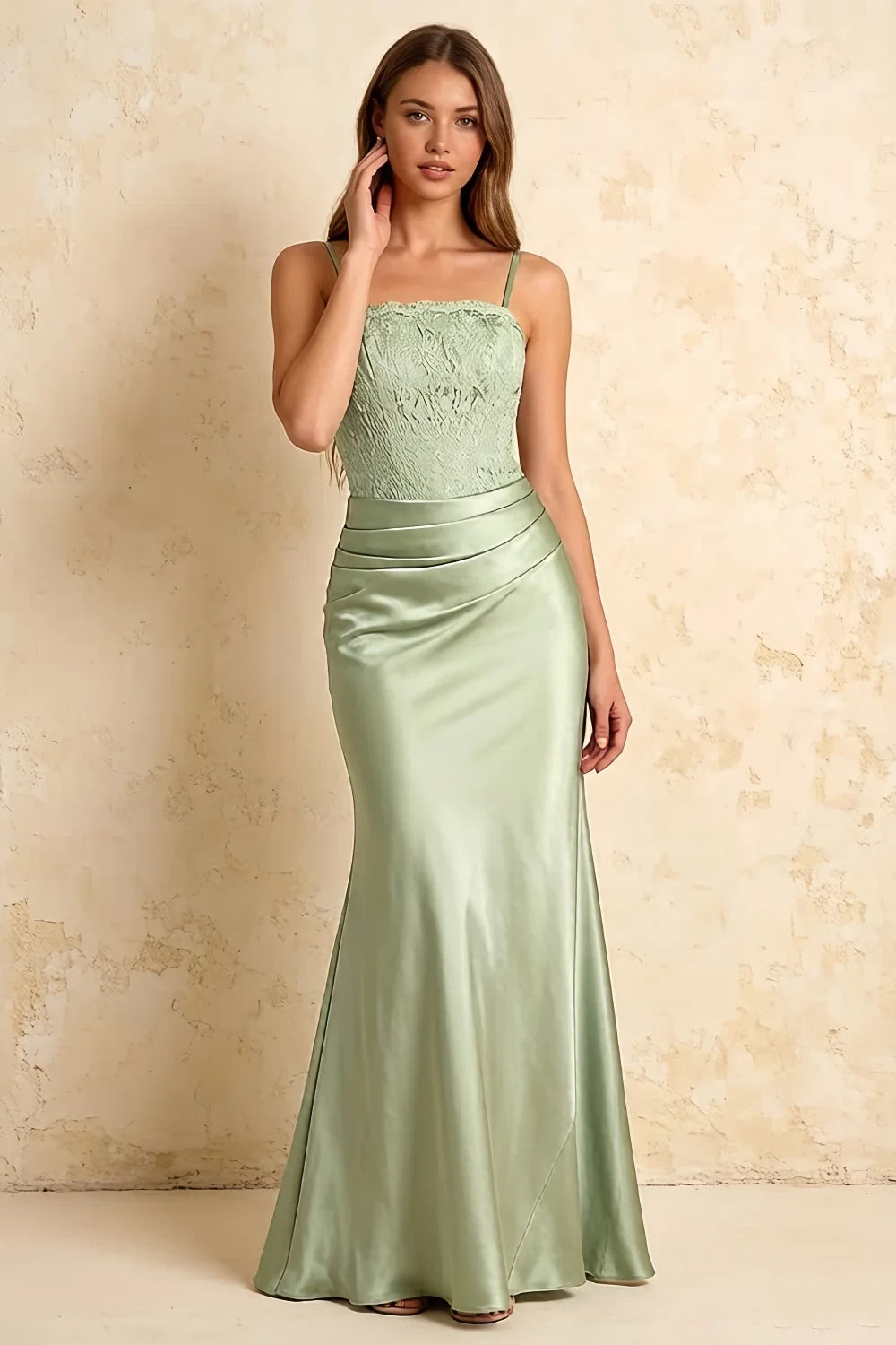 Jenny Sage Green Lace Sheath Backless Maxi Dress