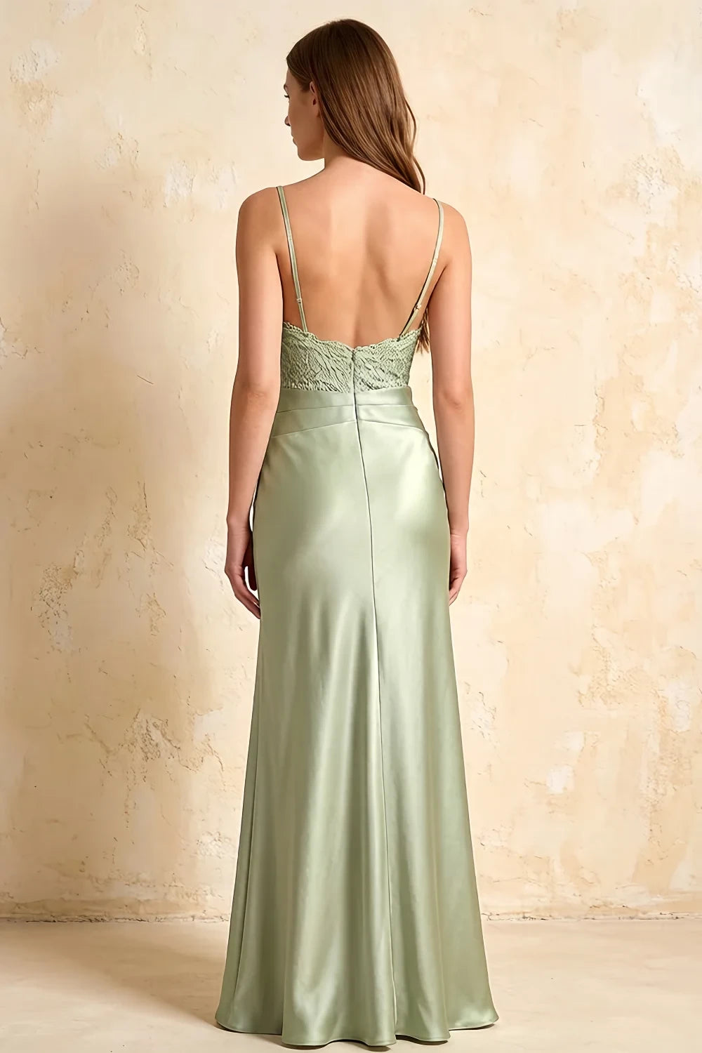 Jenny Sage Green Lace Sheath Backless Maxi Dress