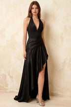 Jessica Black Satin Asymmetrical Halter Neck Maxi Dress