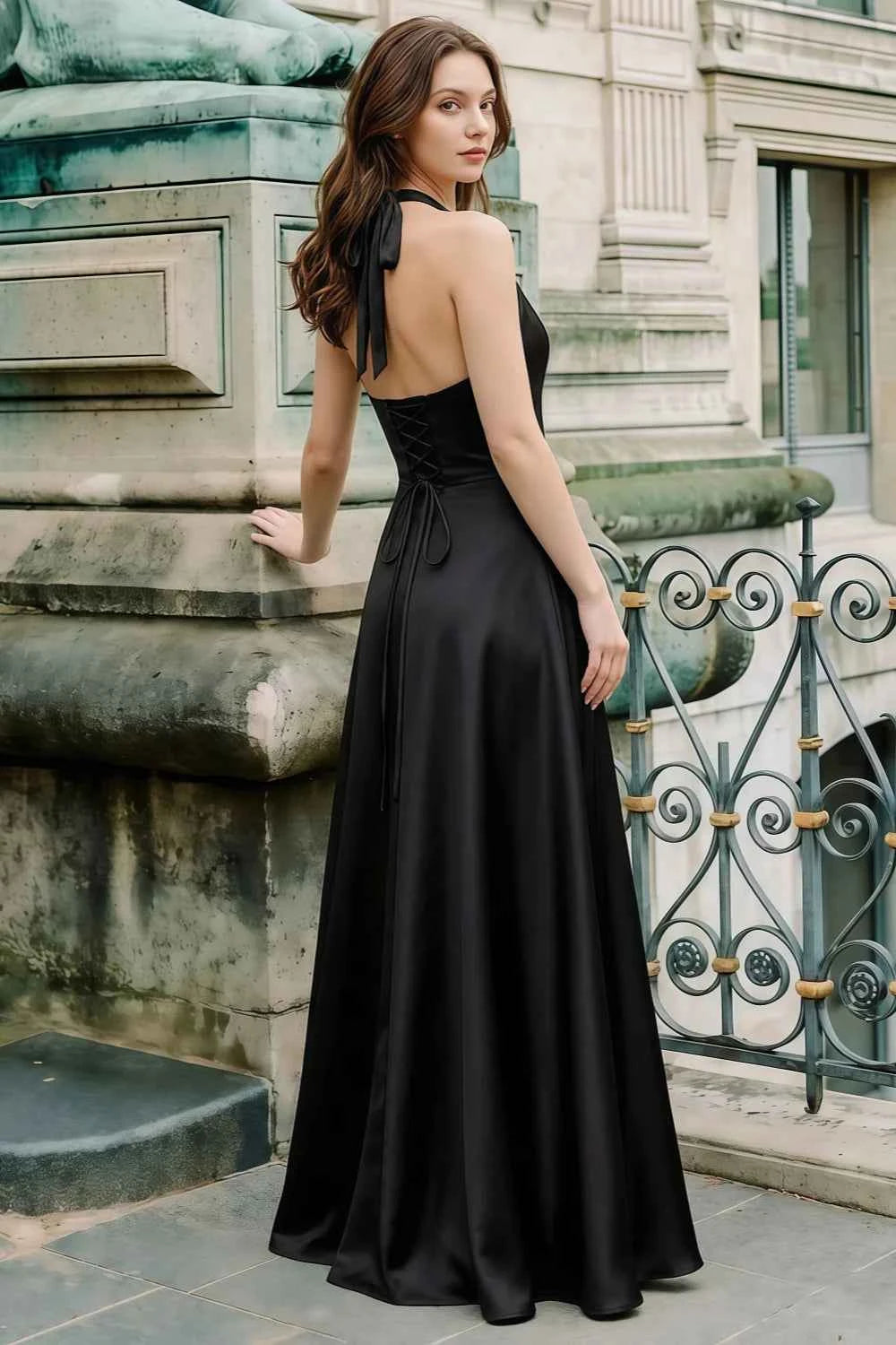 Jessica Black Satin Asymmetrical Halter Neck Maxi Dress