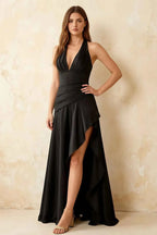 Jessica Black Satin Asymmetrical Halter Neck Maxi Dress