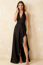 Jessica Black Satin Asymmetrical Halter Neck Maxi Dress