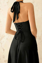 Jessica Black Satin Asymmetrical Halter Neck Maxi Dress