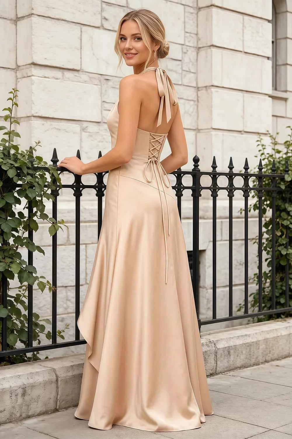 Jessica Champagne Satin Asymmetrical Halter Neck Maxi Dress