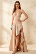 Jessica Champagne Satin Asymmetrical Halter Neck Maxi Dress