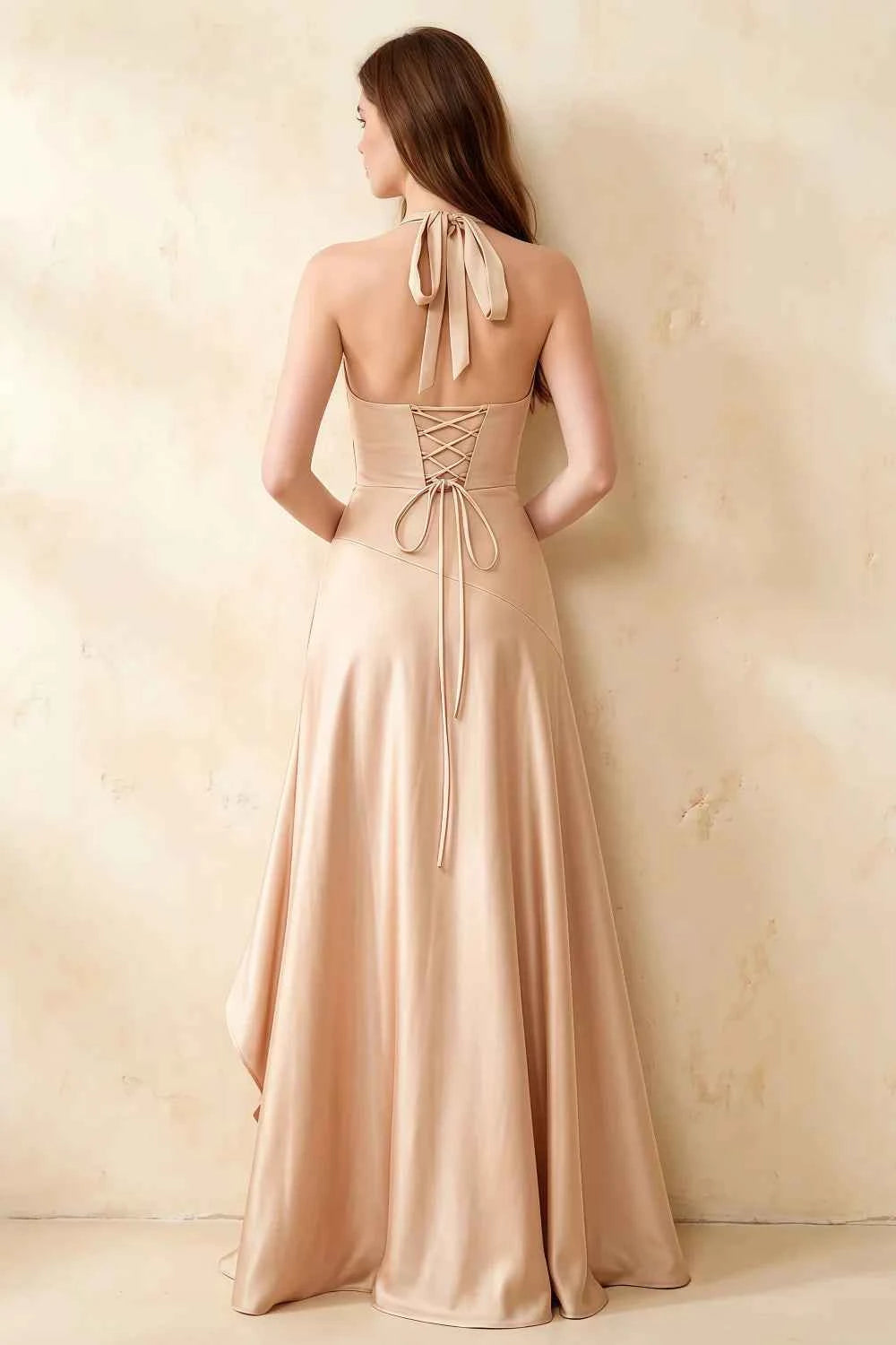 Jessica Champagne Satin Asymmetrical Halter Neck Maxi Dress