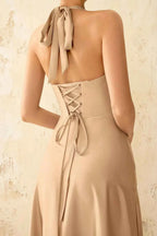 Jessica Champagne Satin Asymmetrical Halter Neck Maxi Dress