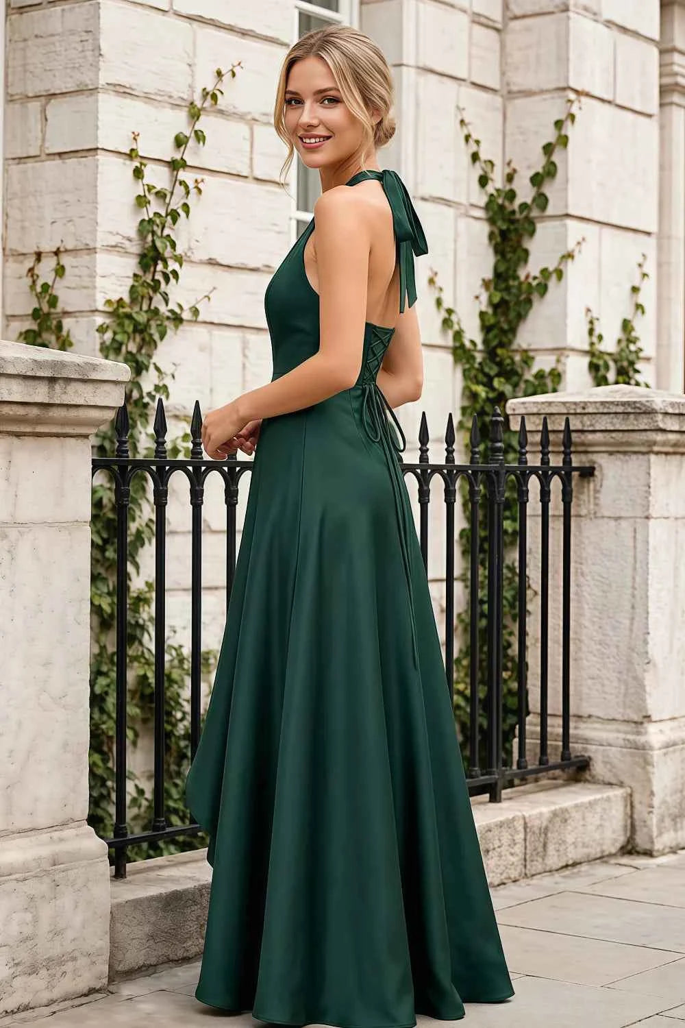 Jessica Emerald Green Satin Asymmetrical Halter Neck Maxi Dress