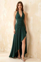 Jessica Emerald Green Satin Asymmetrical Halter Neck Maxi Dress