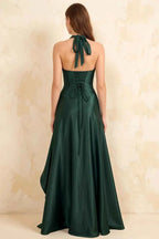 Jessica Emerald Green Satin Asymmetrical Halter Neck Maxi Dress