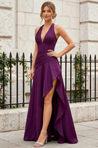Jessica Grape Satin Asymmetrical Halter Neck Maxi Dress