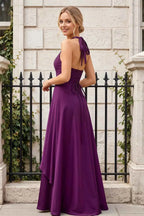 Jessica Grape Satin Asymmetrical Halter Neck Maxi Dress