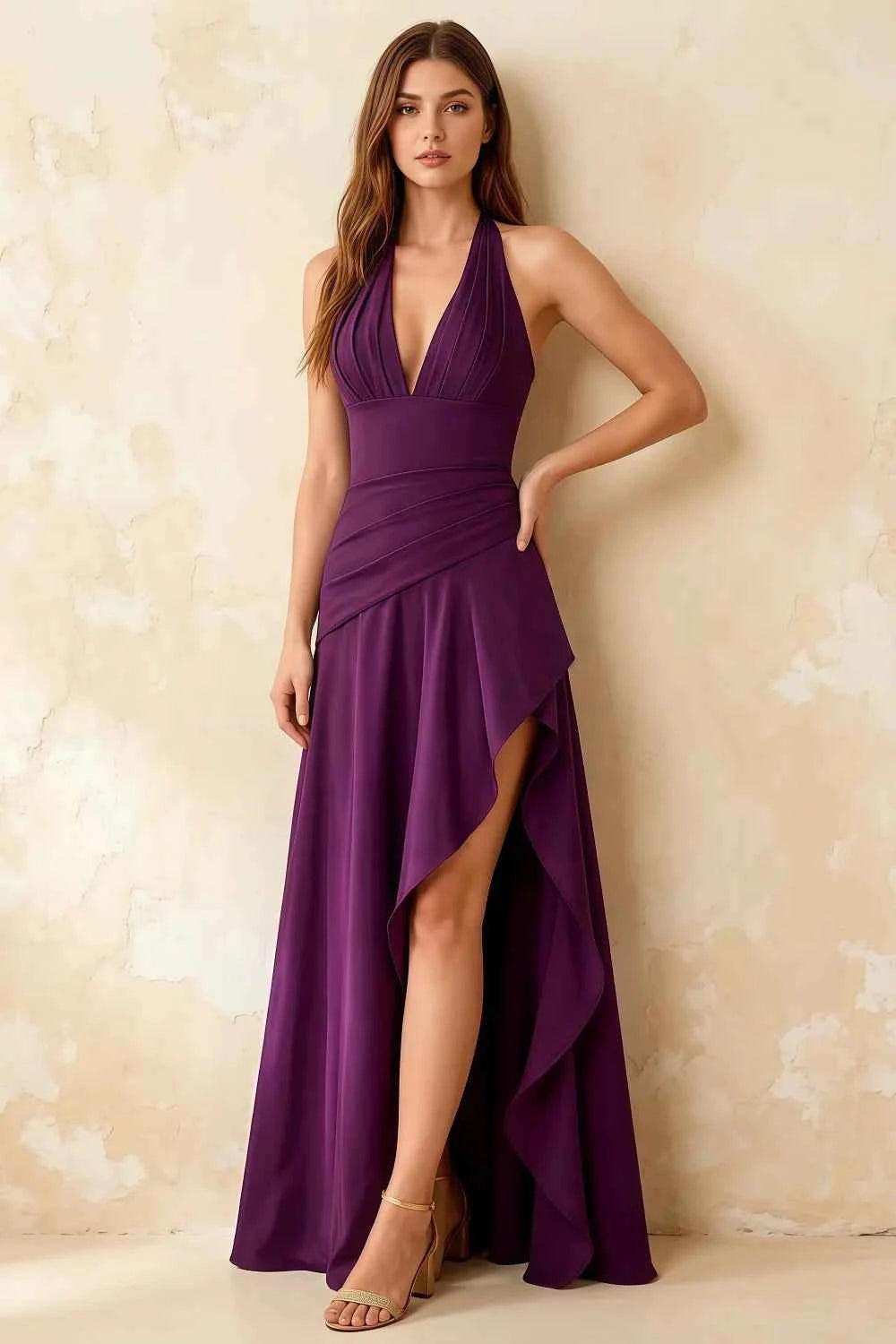 Jessica Grape Satin Asymmetrical Halter Neck Maxi Dress