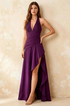 Jessica Grape Satin Asymmetrical Halter Neck Maxi Dress