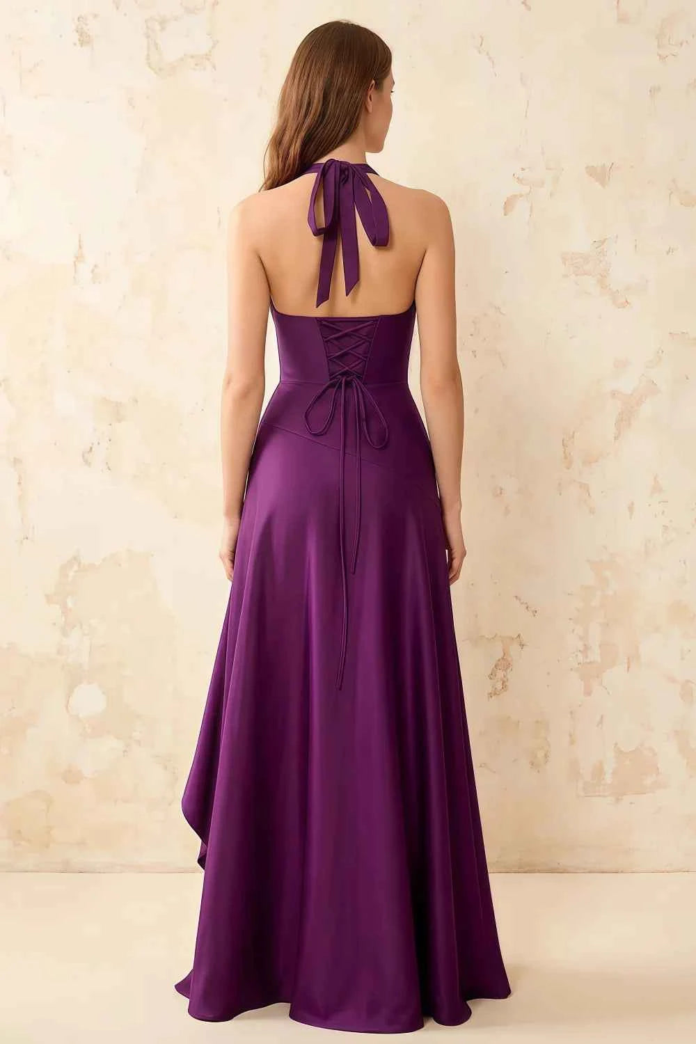 Jessica Grape Satin Asymmetrical Halter Neck Maxi Dress