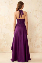Jessica Grape Satin Asymmetrical Halter Neck Maxi Dress