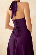 Jessica Grape Satin Asymmetrical Halter Neck Maxi Dress