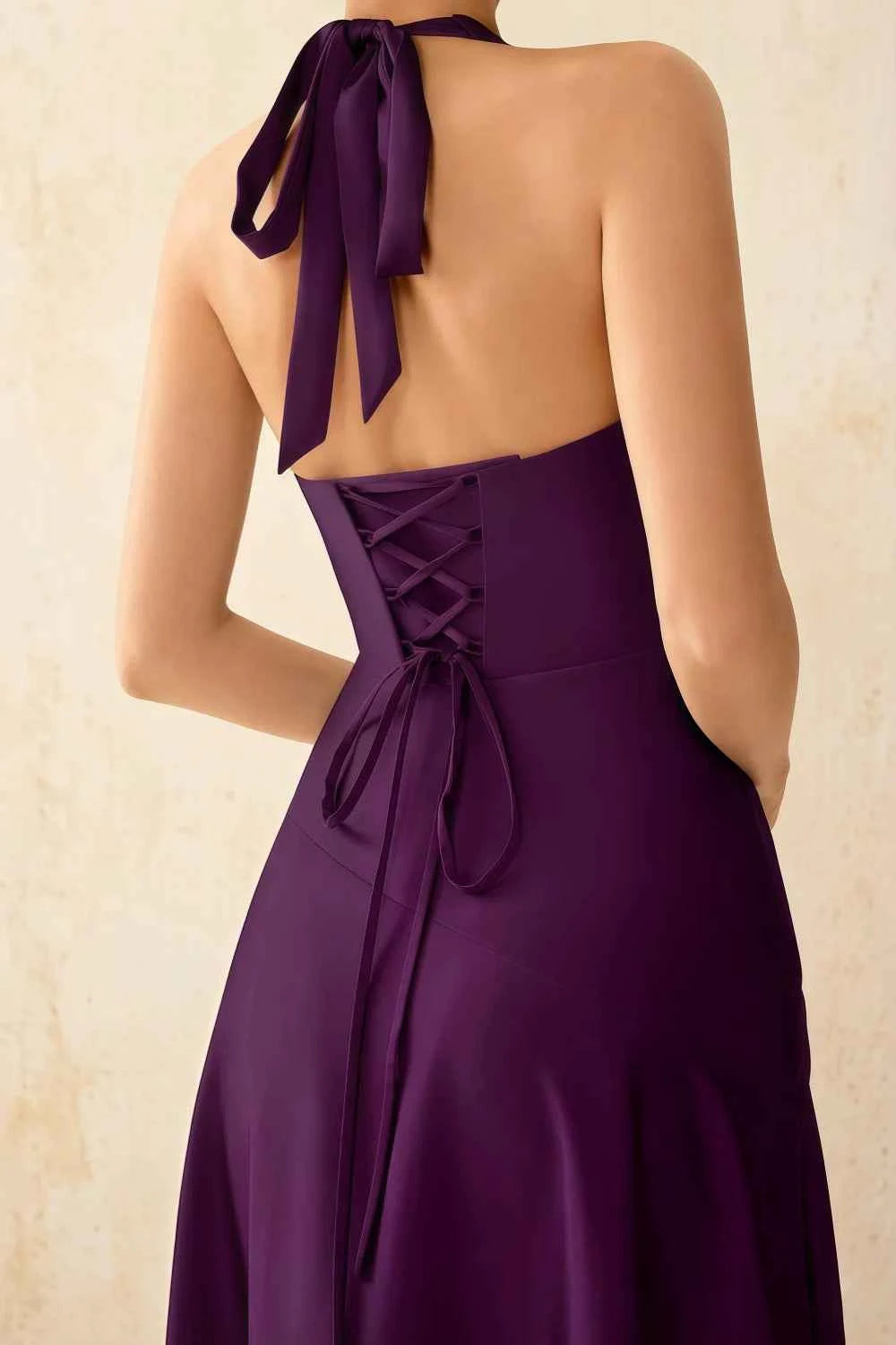 Jessica Grape Satin Asymmetrical Halter Neck Maxi Dress
