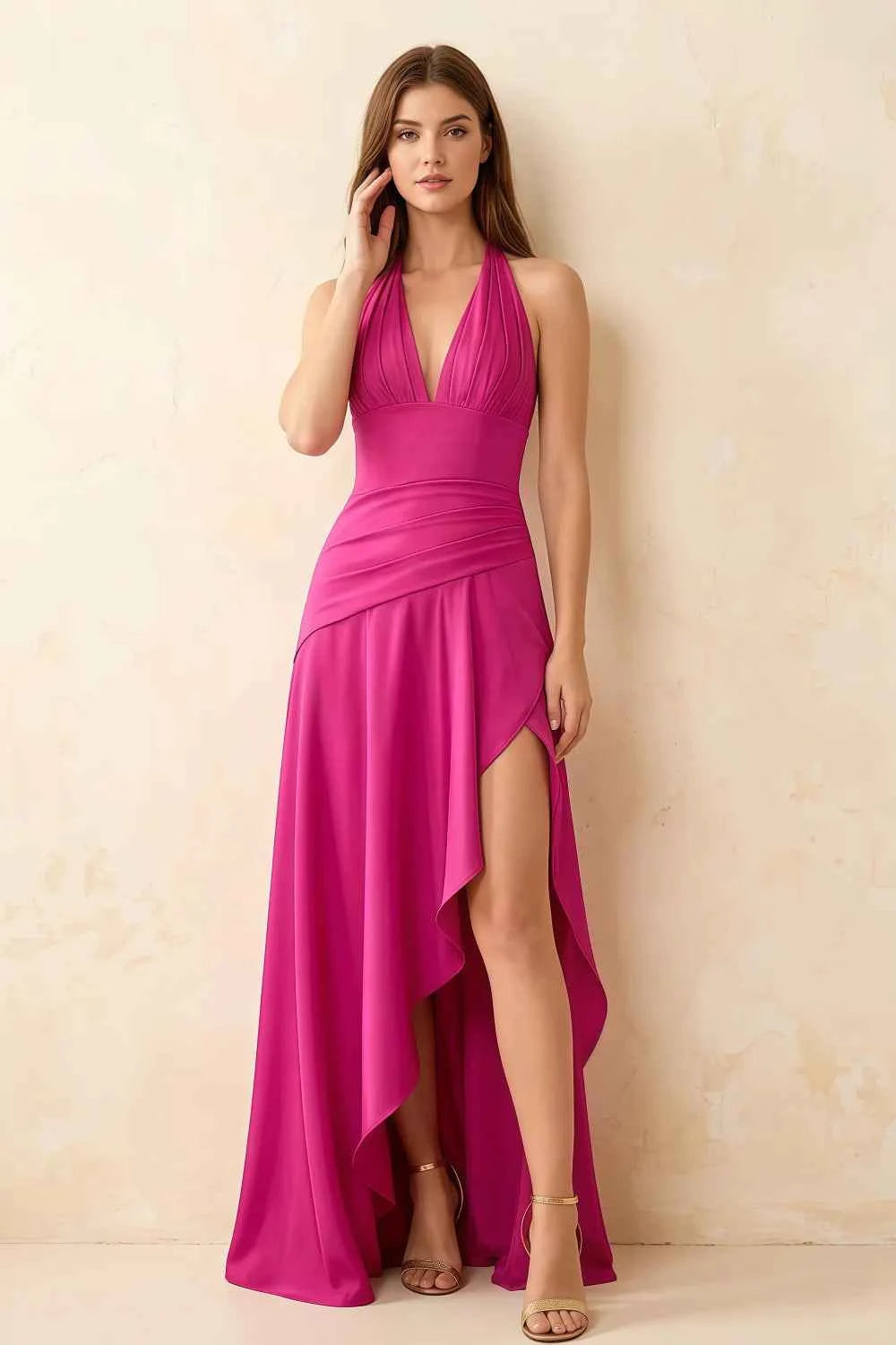Jessica Hot Pink Satin Asymmetrical Halter Neck Maxi Dress
