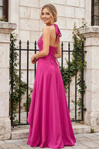 Jessica Hot Pink Satin Asymmetrical Halter Neck Maxi Dress