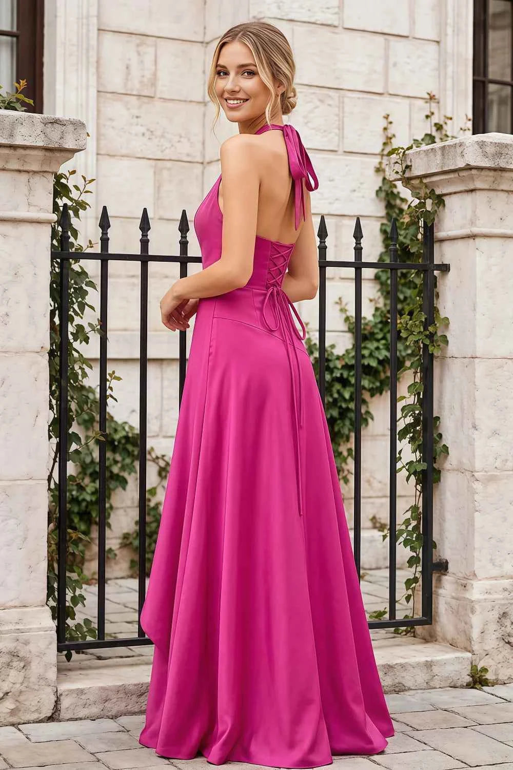 Jessica Hot Pink Satin Asymmetrical Halter Neck Maxi Dress