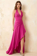 Jessica Hot Pink Satin Asymmetrical Halter Neck Maxi Dress