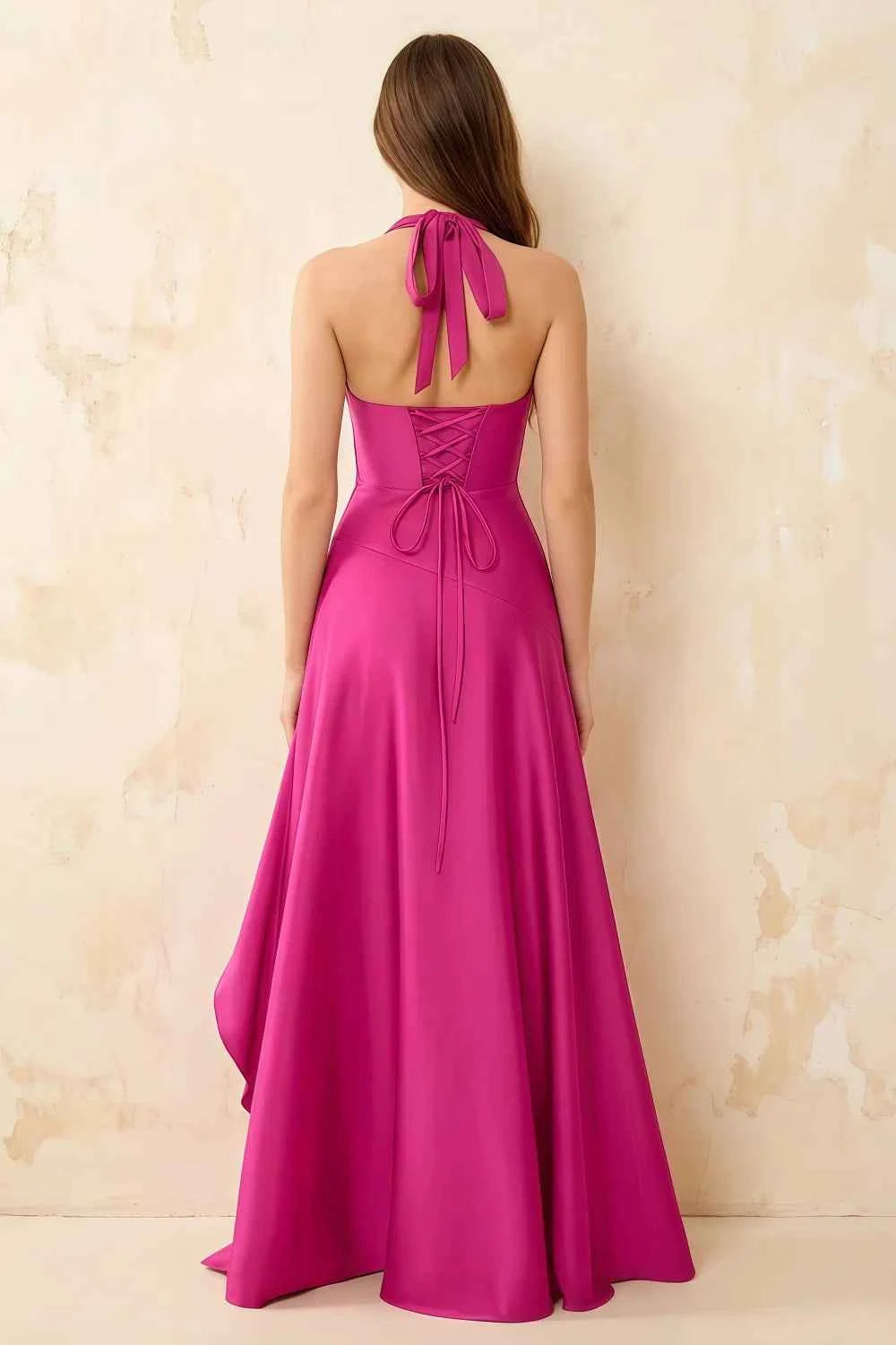 Jessica Hot Pink Satin Asymmetrical Halter Neck Maxi Dress