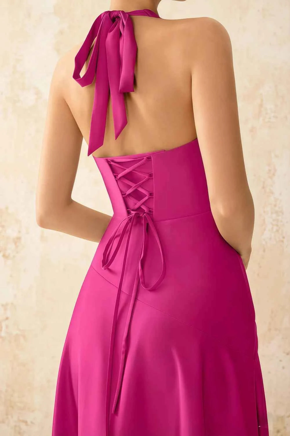 Jessica Hot Pink Satin Asymmetrical Halter Neck Maxi Dress