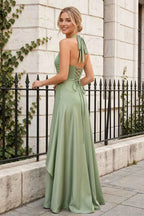 Jessica Light Green Satin Asymmetrical Halter Neck Maxi Dress