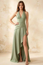 Jessica Light Green Satin Asymmetrical Halter Neck Maxi Dress