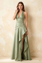 Jessica Light Green Satin Asymmetrical Halter Neck Maxi Dress