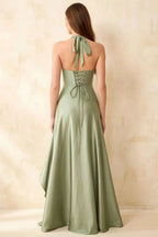 Jessica Light Green Satin Asymmetrical Halter Neck Maxi Dress