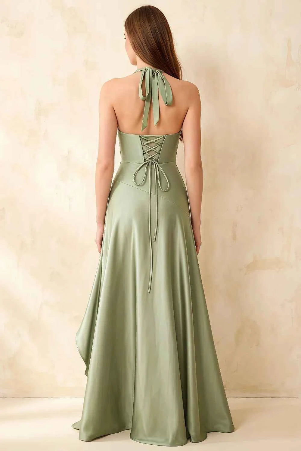 Jessica Light Green Satin Asymmetrical Halter Neck Maxi Dress
