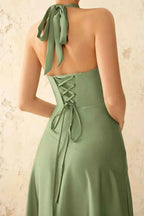 Jessica Light Green Satin Asymmetrical Halter Neck Maxi Dress