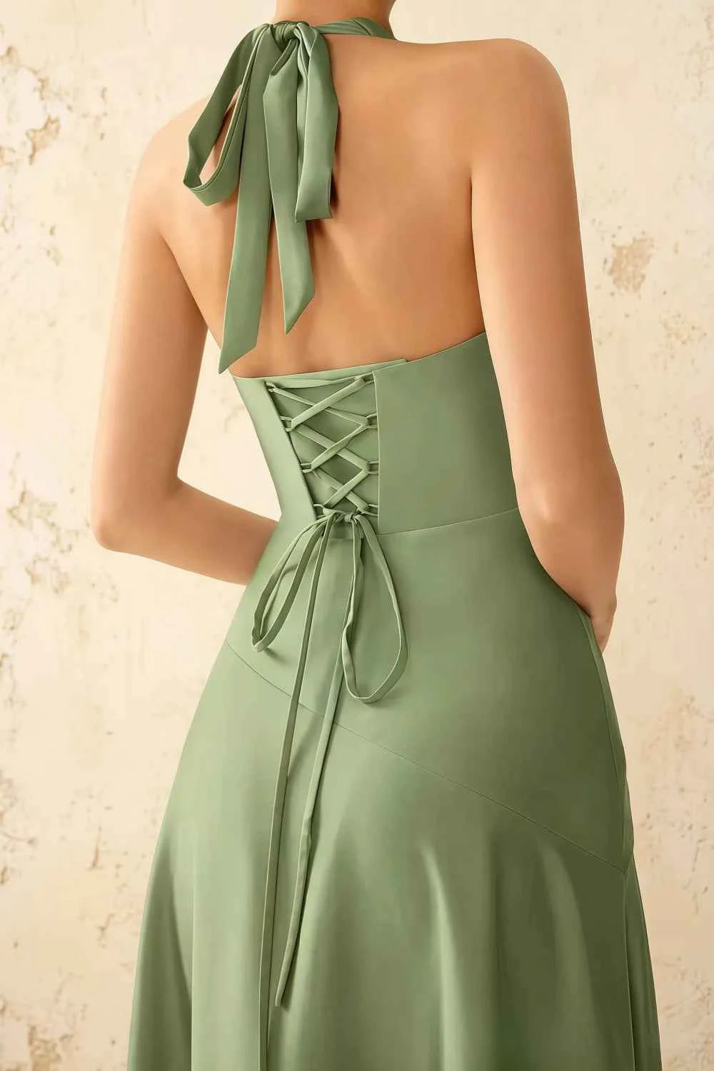 Jessica Light Green Satin Asymmetrical Halter Neck Maxi Dress