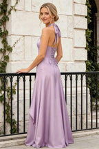 Jessica Lilac Satin Asymmetrical Halter Neck Maxi Dress
