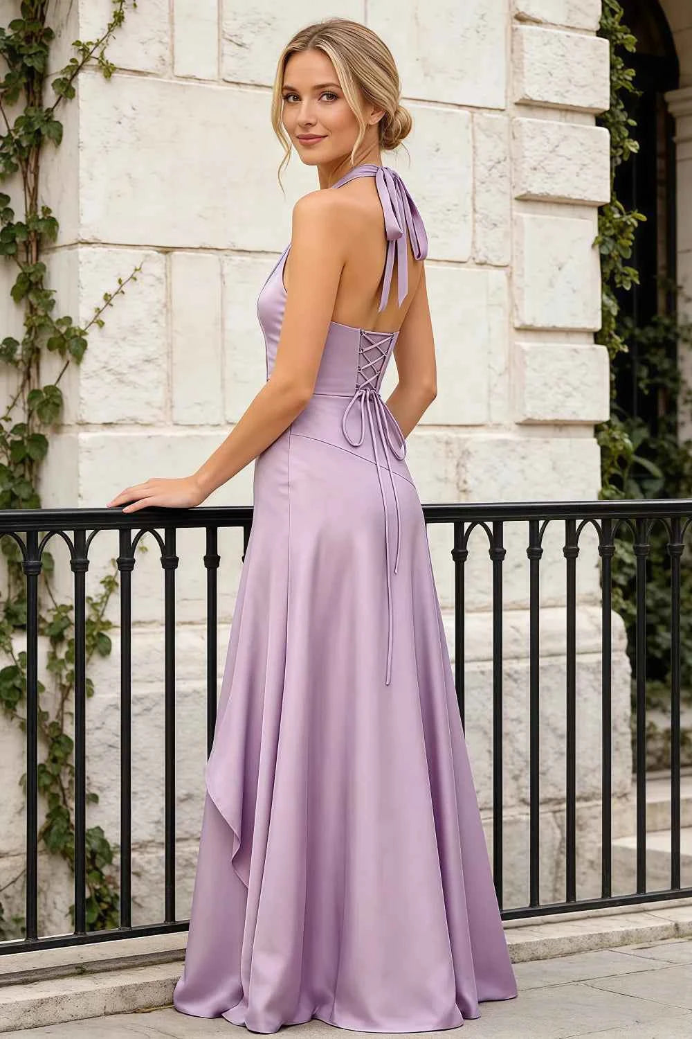 Jessica Lilac Satin Asymmetrical Halter Neck Maxi Dress