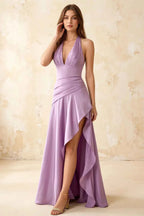 Jessica Lilac Satin Asymmetrical Halter Neck Maxi Dress