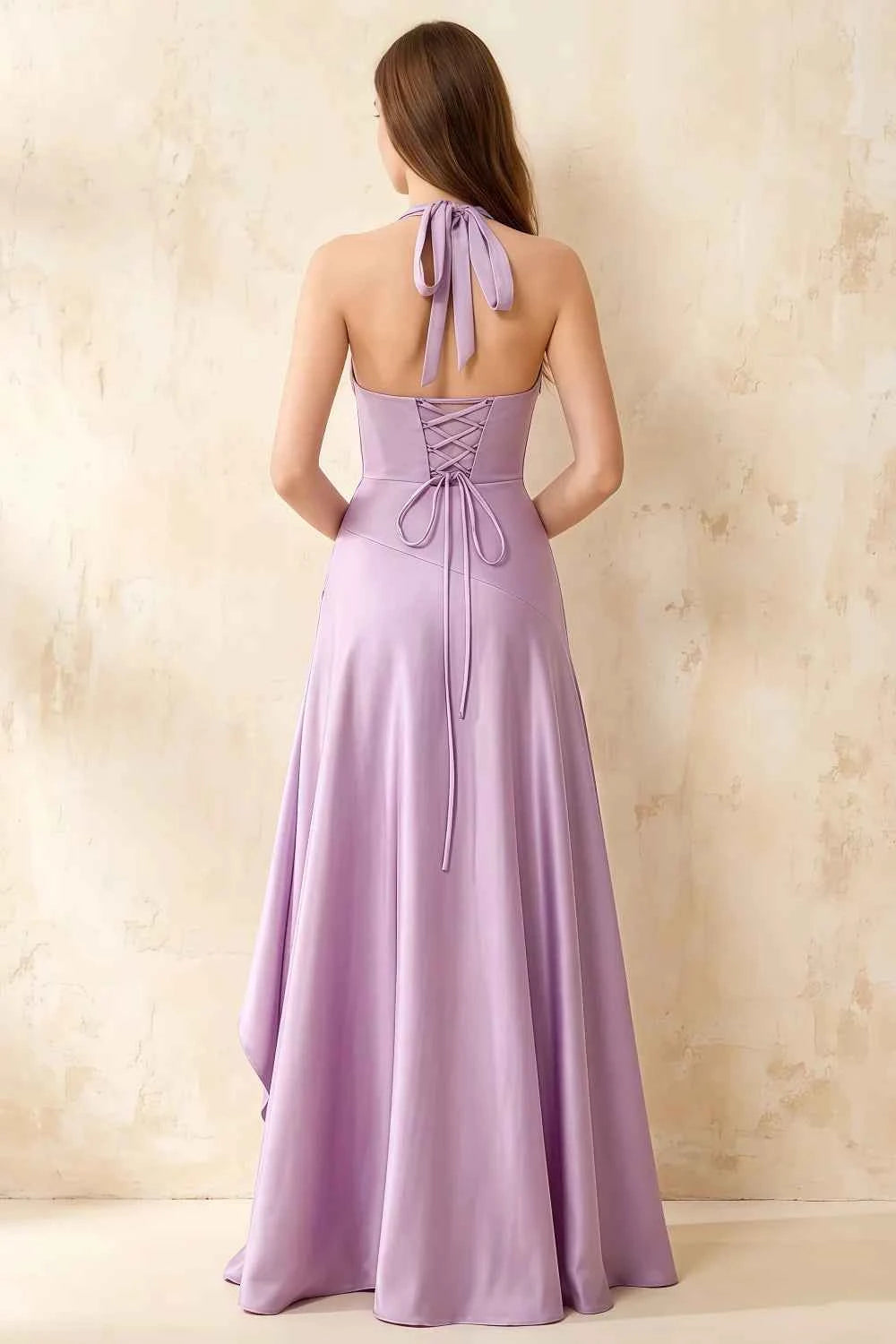 Jessica Lilac Satin Asymmetrical Halter Neck Maxi Dress