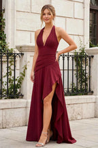 Jessica Merlot Satin Asymmetrical Halter Neck Maxi Dress