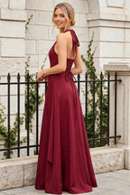 Jessica Merlot Satin Asymmetrical Halter Neck Maxi Dress
