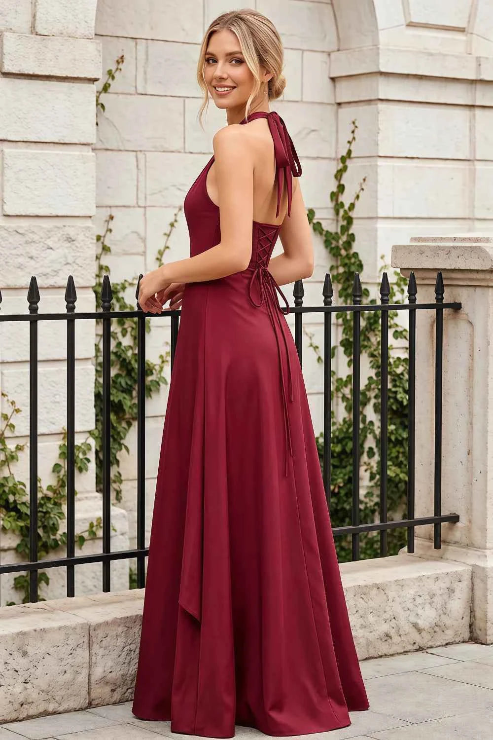 Jessica Merlot Satin Asymmetrical Halter Neck Maxi Dress
