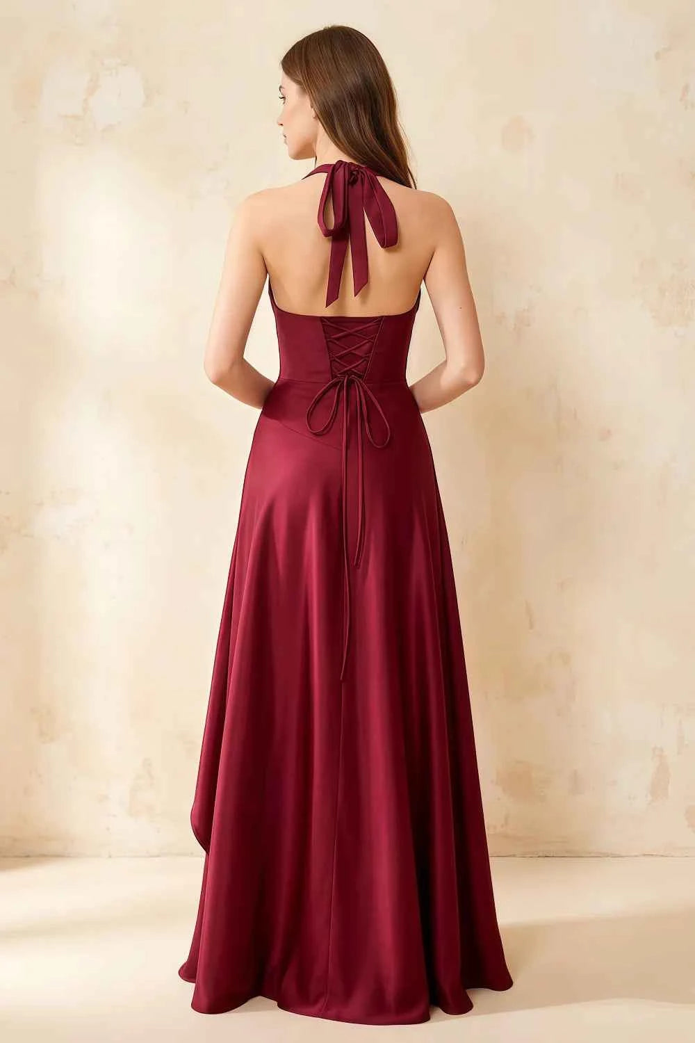 Jessica Merlot Satin Asymmetrical Halter Neck Maxi Dress